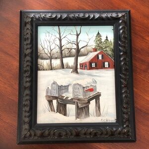 Vintage Oil Painting Landscape Cottage Framed Rustic Farmhouse Art